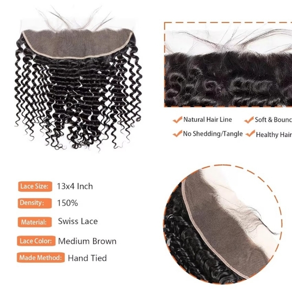 Deep Wave 13x4 Lace Frontal Closure Ear to Ear HD Lace Frontal Human Hair 16" 1B - Picture 3 of 8